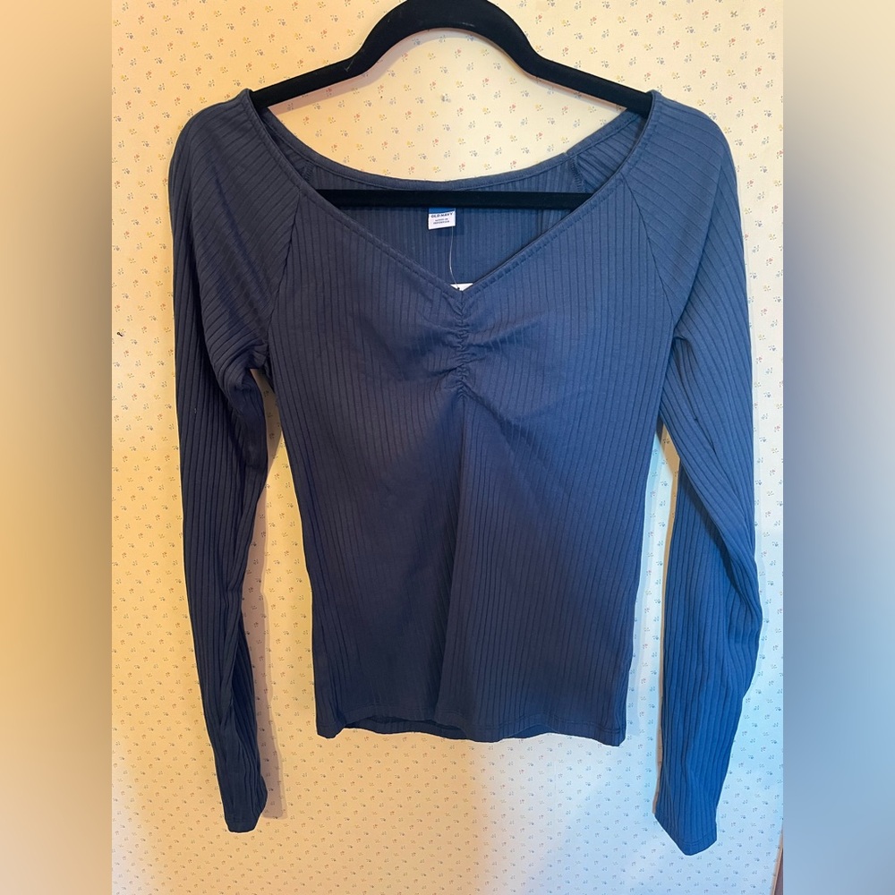 NWT Old Navy Ruched Long Sleeve Ribbed Top Blue Medium Tall